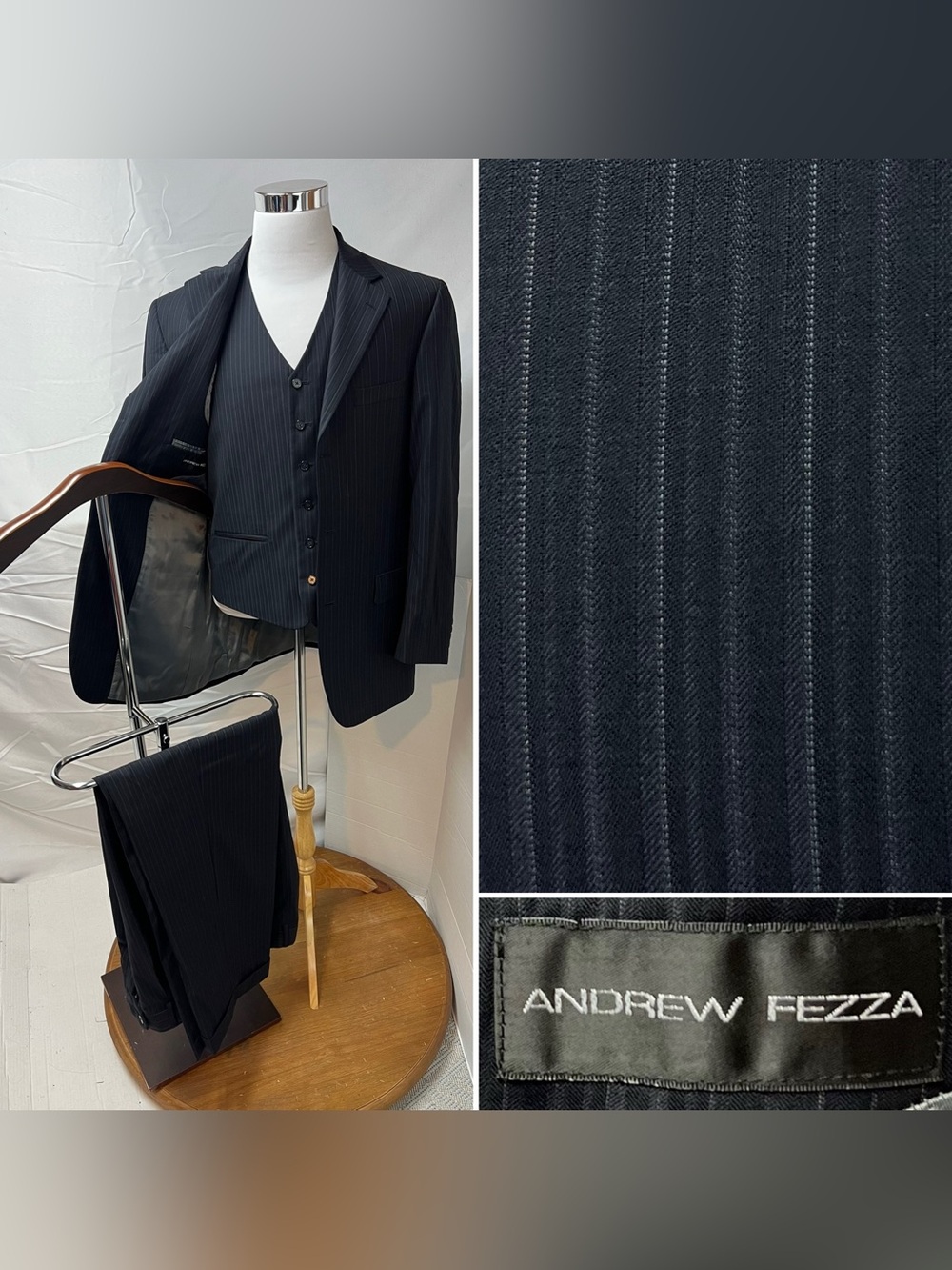 Andrew Fezza Men's 42L Blazer 36x31 Pants Navy Blue Pinstripe 3-Piece Wool Suit